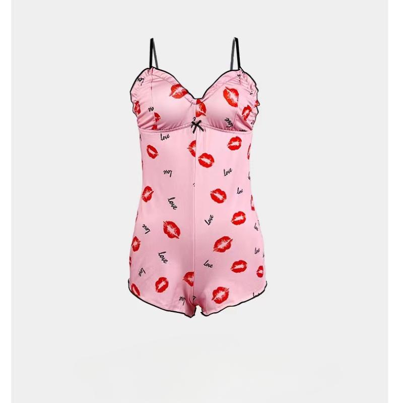 Women's Pajamas One Piece Pajamas Red Lip Printed Sleeveless Pijama Short Onesie Adults V-Neck Suspenders Funny Pajamas Bodysuit