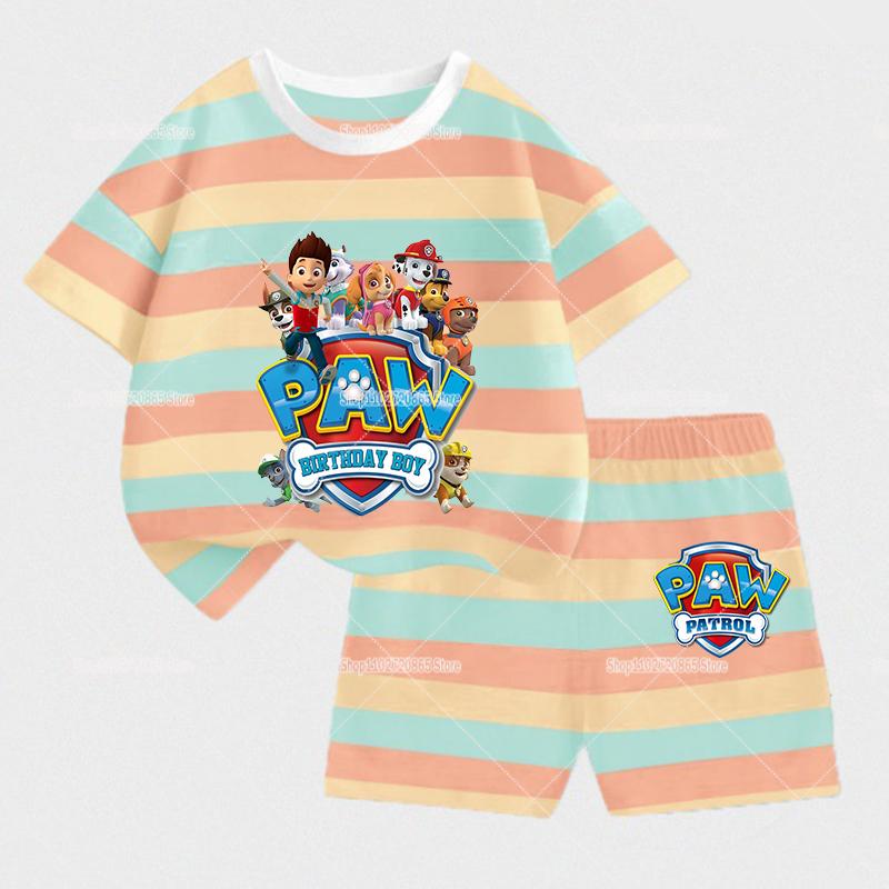 2-piece Paw Patrol Children's Summer Striped Set Cute T-shirt and Shorts Casual Fashion Clothing Gift