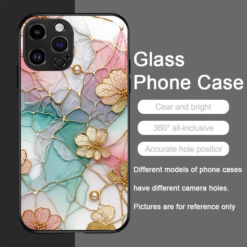 Flower Marble Texture Tempered Glass Phone Case for IPhone 16 Pro Max 16e 15 14 13 12 Mini 11 X XS XR 7 8 14 Plus Abstract Cover