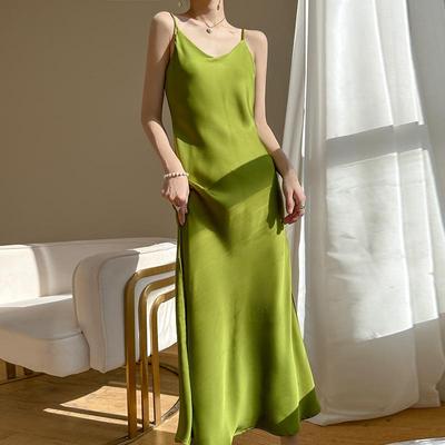 2024 Summer Women's Solid Color V-Neck Spaghetti Strap Satin Mid-Length Dress