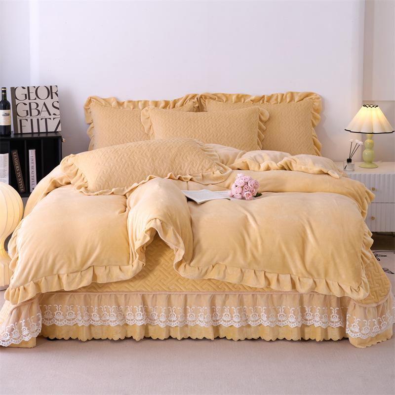 5.5Kg Solid Color Super Soft Thickened Milk Lace Bed Cover Four-Piece 1.8M Bed Cover