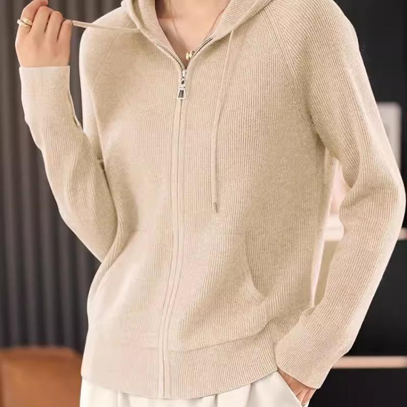 

Женские кардиганы Осенний отложной воротник Кардиган на молнии Толстый свободный свитер Базовый теплый трикотаж Повседневная корейская верхняя одежда XS бежевый