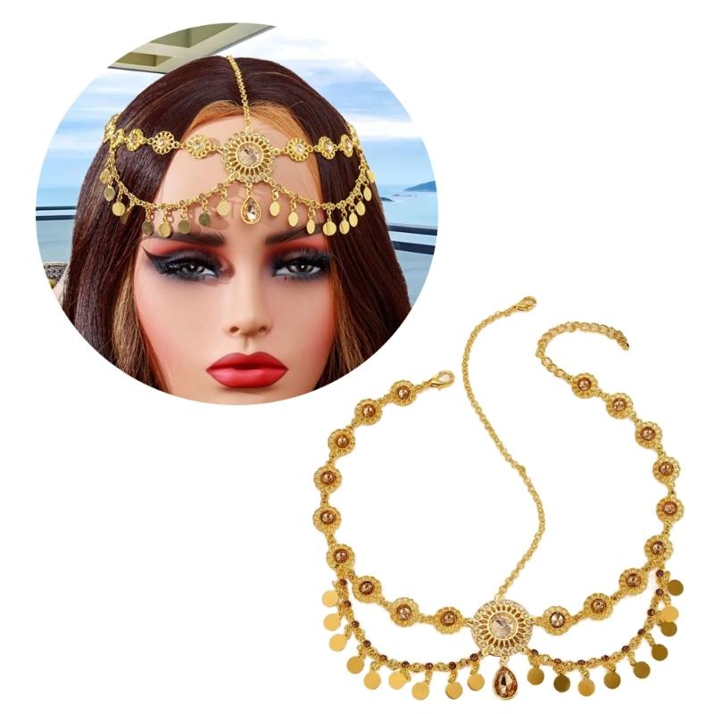 Indian Bridal Head Chain Gold Color Coin Tassels Rhinestones Headdress for Women Wedding Accessories Casual Wear
