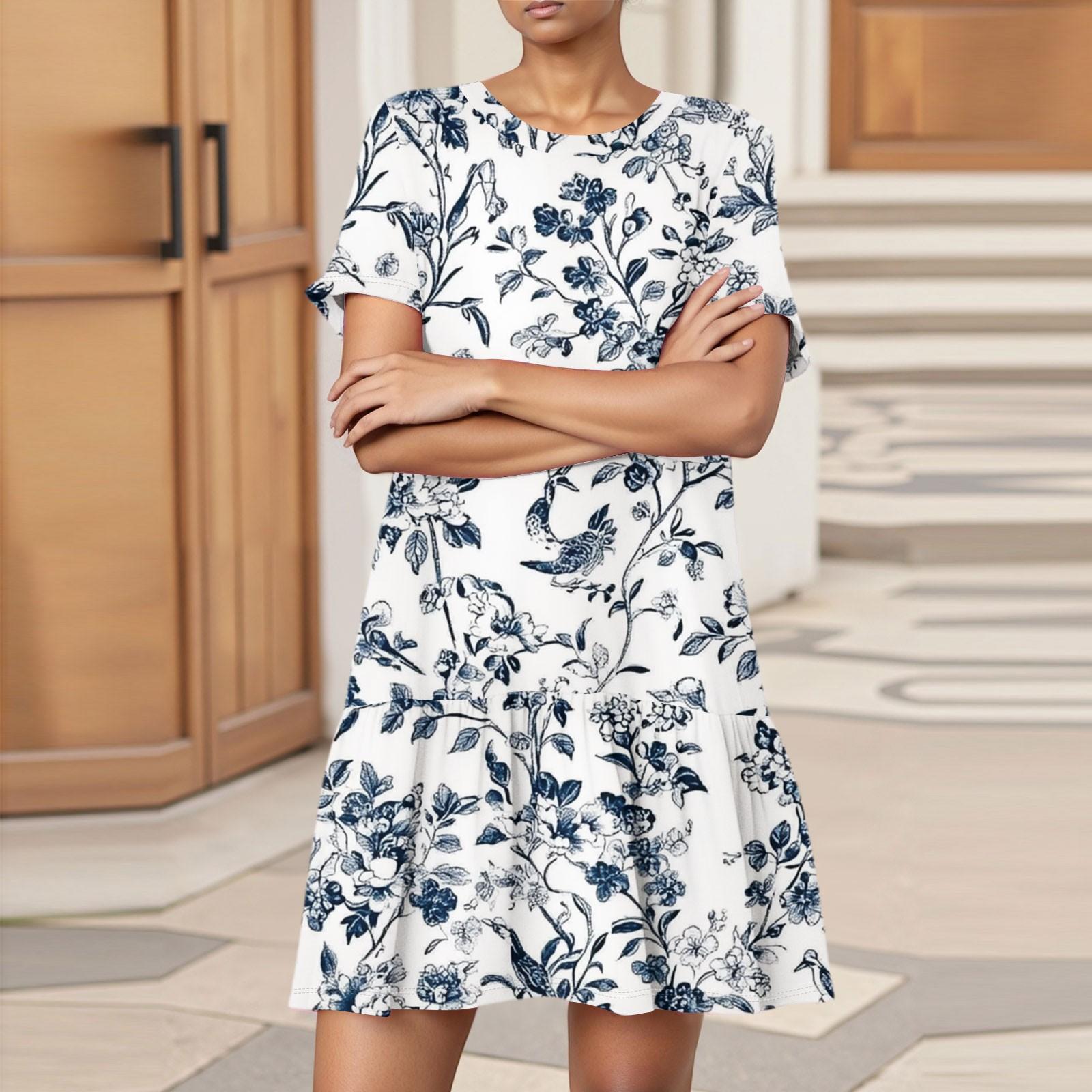 

Женское модное повседневное платье с круглым вырезом и коротким рукавом с цветочным принтом XL белый