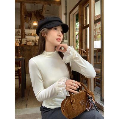 Camiseta Básica Feminina Outono/Inverno Gola Alta Meia-Calça Manga Longa Barra Irregular Cintura Franzida Top Meia-Gola Desejo Puro