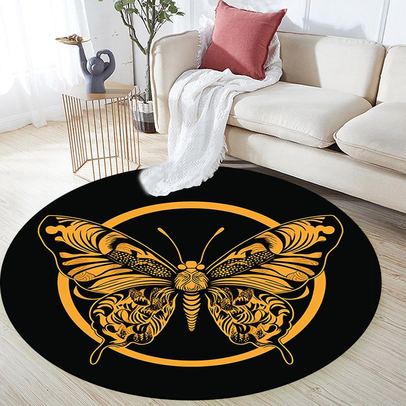 Golden Butterfly Round Area Rug,Carpet Rug for Living Room Bedroom Sofa Playroom Decor,Non-slip Floor Mat