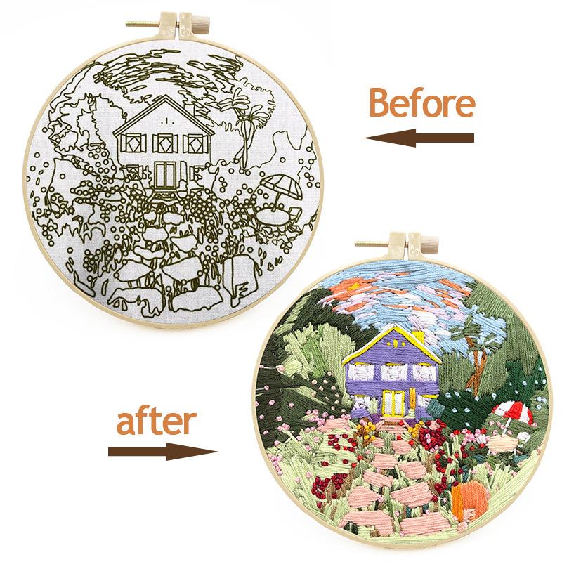 1 szt. Wzór Dom i Ogród Haft DIY Zestaw z Tkaniny z Narzędziami