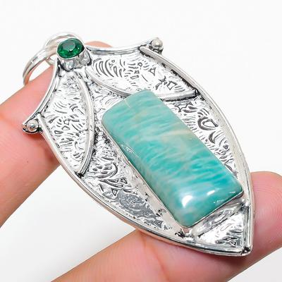 Natural Amazonite, Diopside Gemstone 925 Sterling Silver Pendant 2.88" s5U42