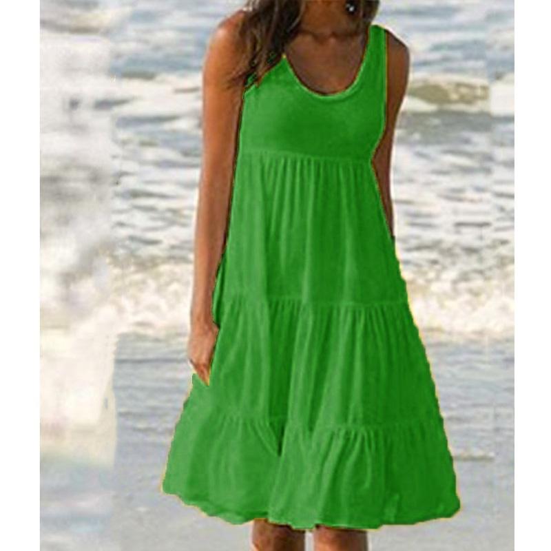 Vestidos de Verano Tallas Grandes Ropa de Moda Vestido Casual sin Mangas para Mujer Vestidos Holgados Color Sólido Vestido Línea A Algodón Cuello Redondo Hombros Descubiertos Halter