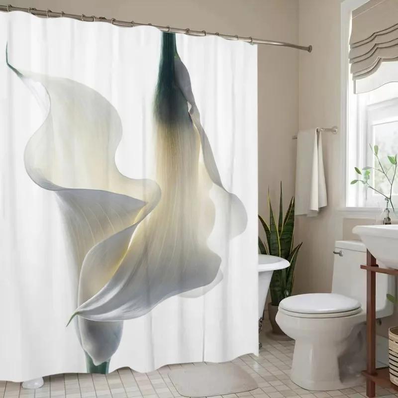 Elegant Calla Lily Shower Curtain - Floral Print, Polyester, Machine Washable, No-Drill Install, Home Decor