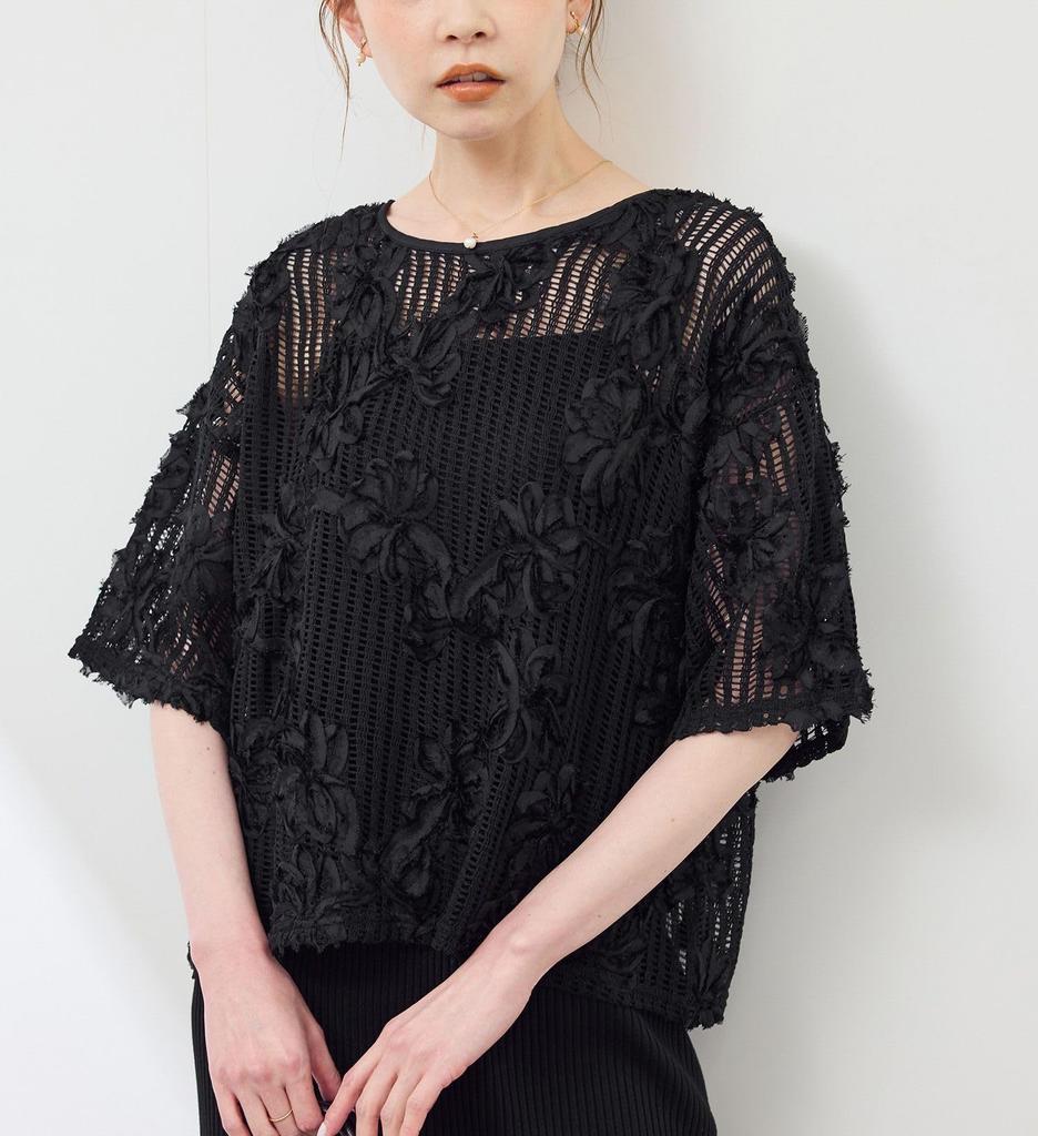ROPE PICNIC Mesh Cord Embroidered Pullover Top In Black Women's (01)