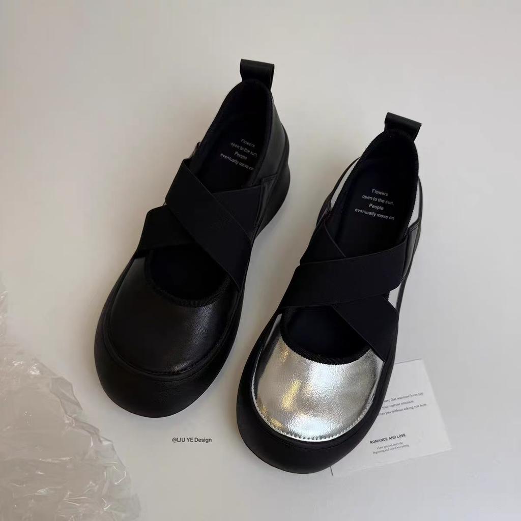 Cowhide version~ silent platform sports style loafers women's 2025 new cross-elastic Mary Jane shoes single shoes