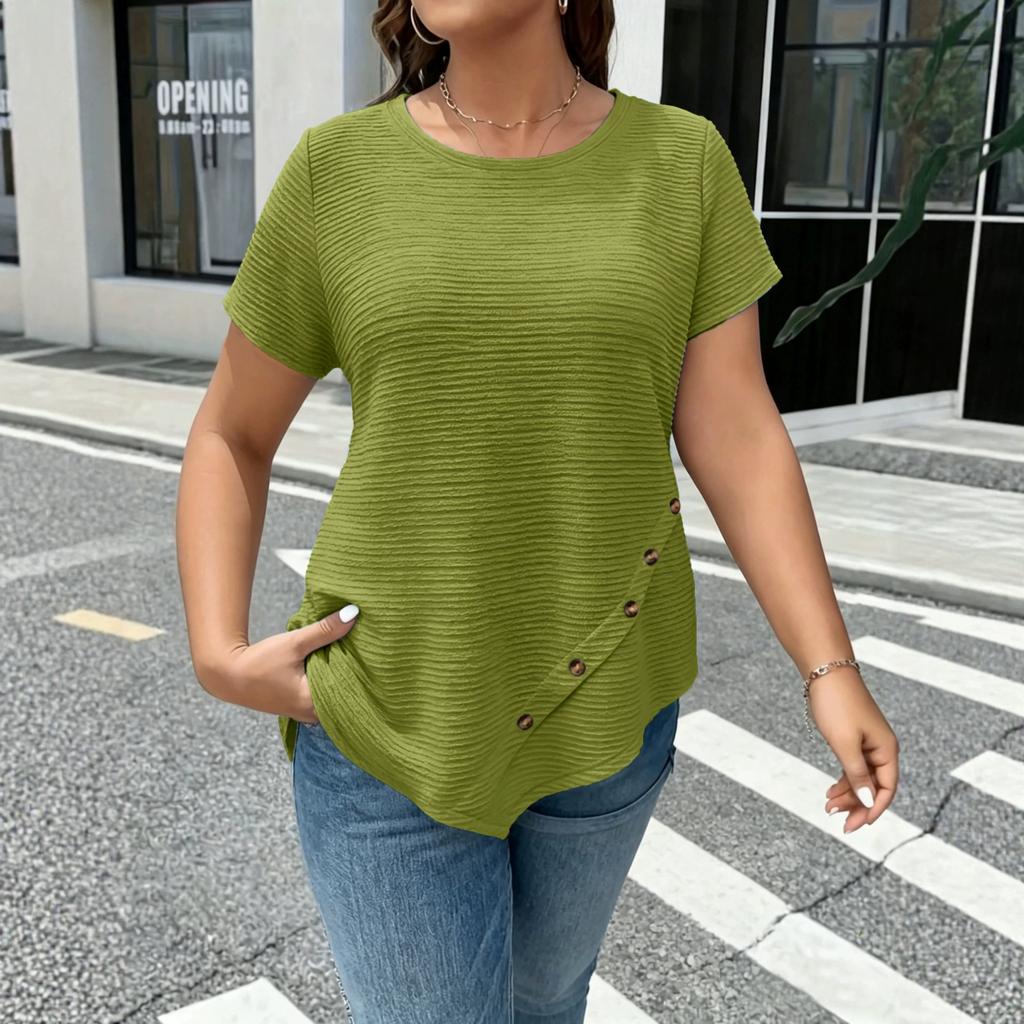 Women's Loose Fit Short Sleeve Casual T Shirt Asymmetric Hem Button Detail Lightweight Soft Fabric Comfortable Everyday Wear