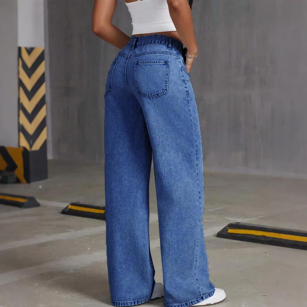 Women's Mid- Stretch Jeans Fashion Straight Leg Denim Pants With Pockets