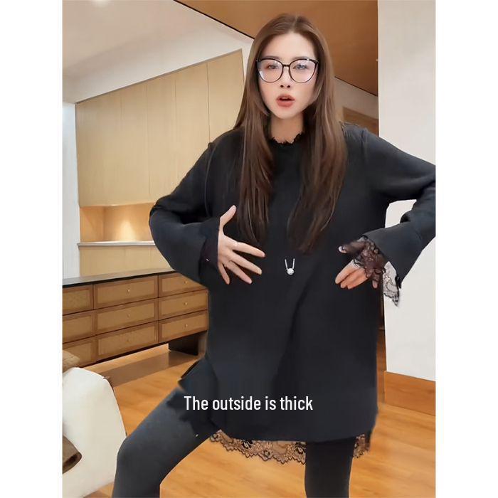Elegant Black Lace Long Sleeve Top for Women - Autumn/Winter, Mid-Length, Slim Fit, Fashionable Design. Large