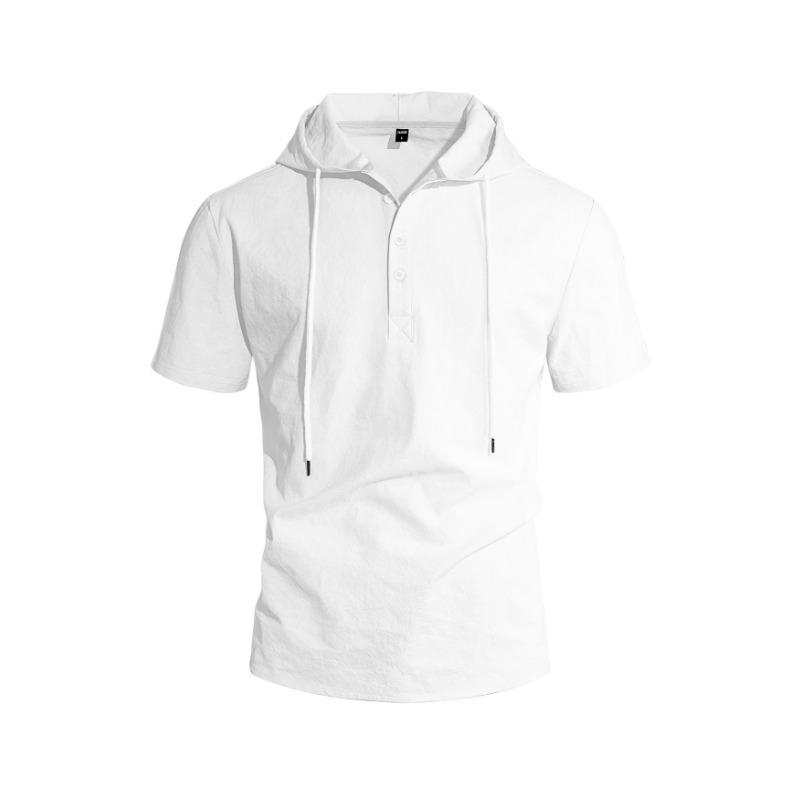 Men's Linen Short Sleeve Hooded Shirt Solid Color Beach Casual.
