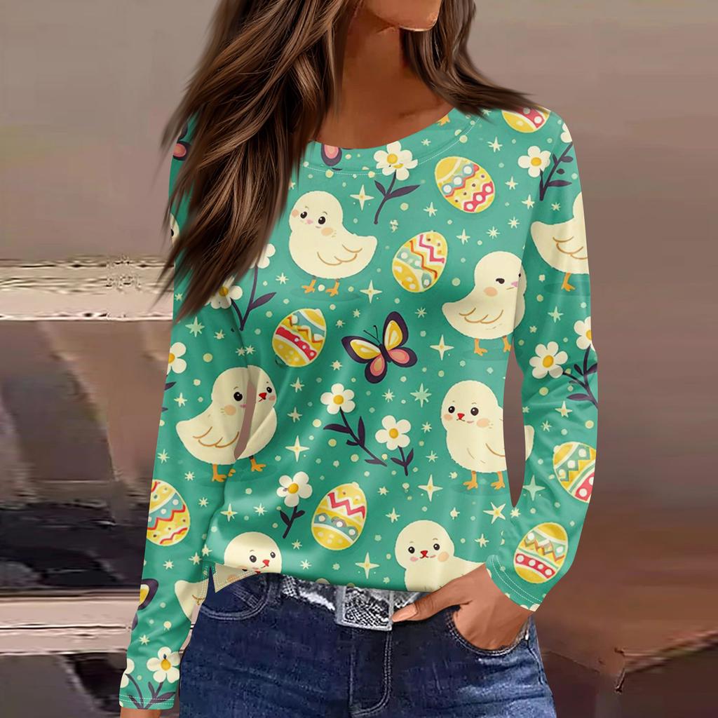 Women's Fashion Casual Slit Hem Round Neck Long Sleeve Loose Printed T-Shirt Ladies Top
