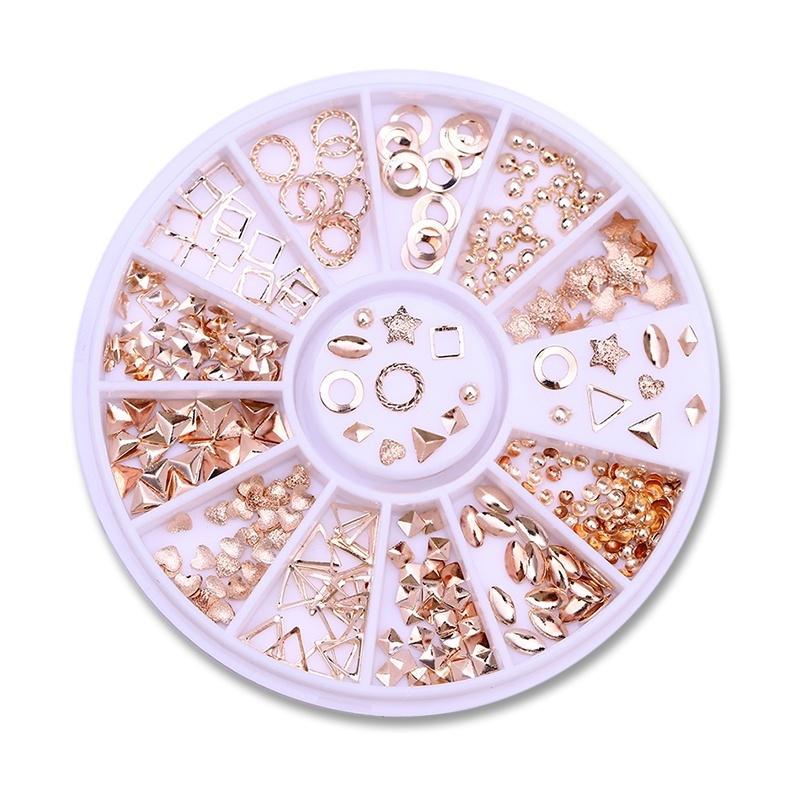 1 Box Rose Gold Rivet Alloy Nail Studs Geometry Star Round 3D Nail Art Decoration In Wheel