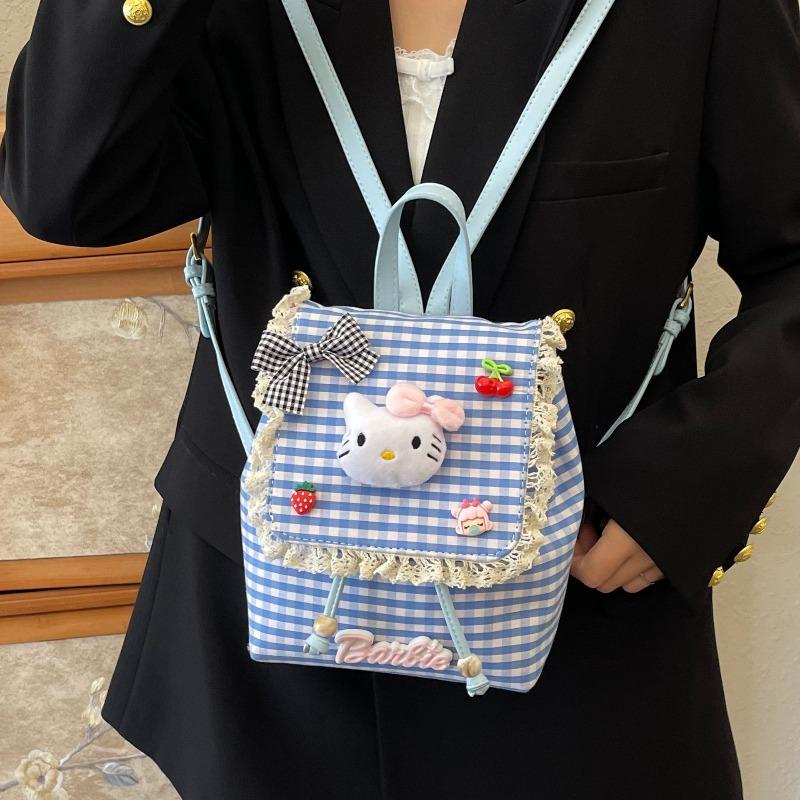 Children's Cute Cartoon Cat Red Grid Backpack Little Girl Lace Decorative Schoolbag New School Backpack