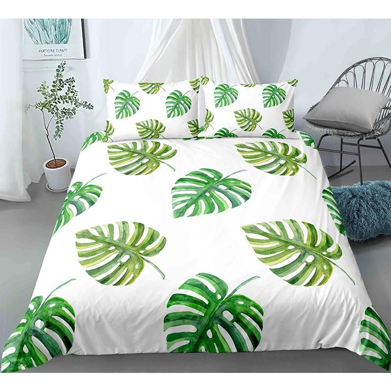 Tropical Botanical Leaves King Queen Duvet Cover Green Palm Leaves Polyester Bedding Set for Kids Teens Adults with Pillowcase