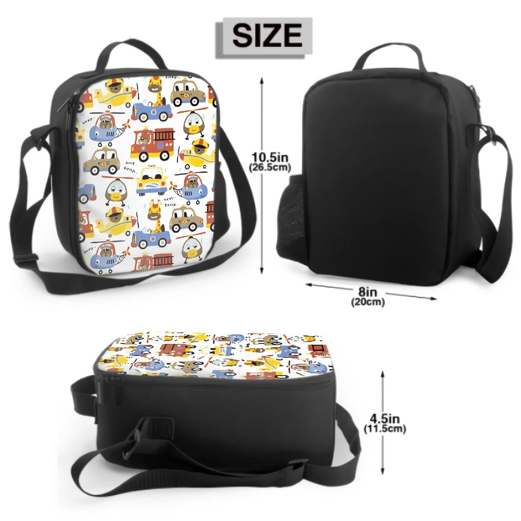 Cute Animals On Vehicles Insulated Thermal Lunch Bags for Boys Girls Washable Lunch Container Food Carrier for School Travel