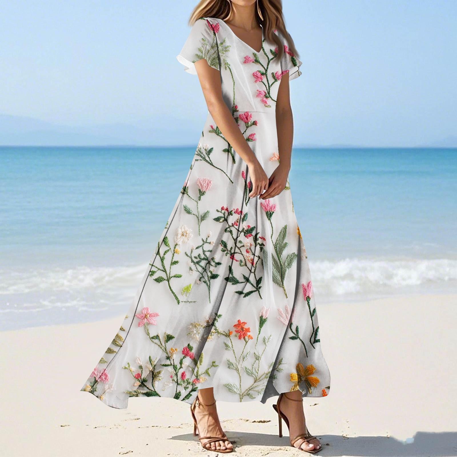 Women s Summer Floral Print V Neck Short Sleeve Maxi Dress Flowing A-Line Maxi Dress Bohemian Holiday Beach Dress L