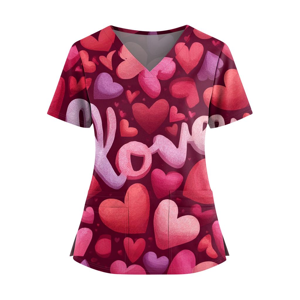 Women's Valentine's Day  Printed V-Neck Double Pocket Short Sleeves Hem Slit  Uniform Caregiver Top