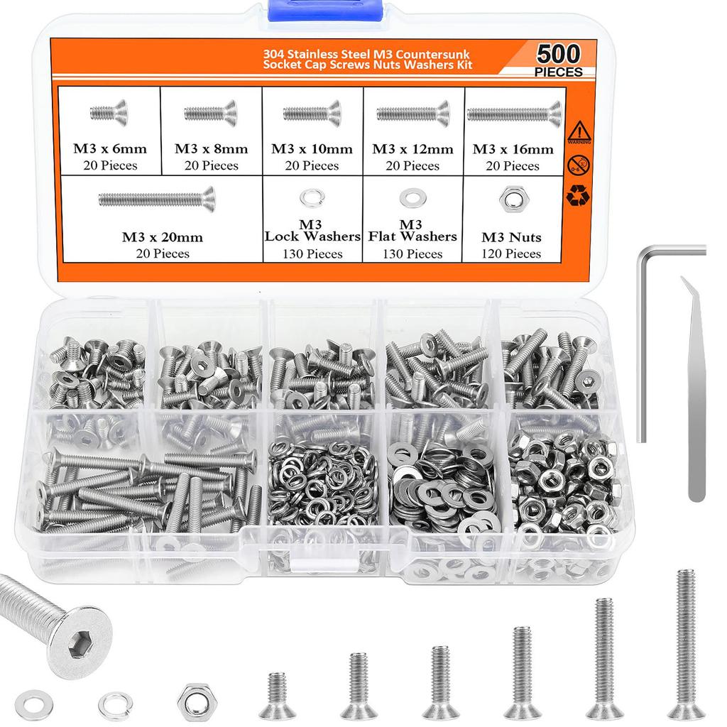 660/500Pcs Cylindrical Head Hexagonal Screw Female Flat Elastic Pad Combination Set M3 Hexagonal Screw
