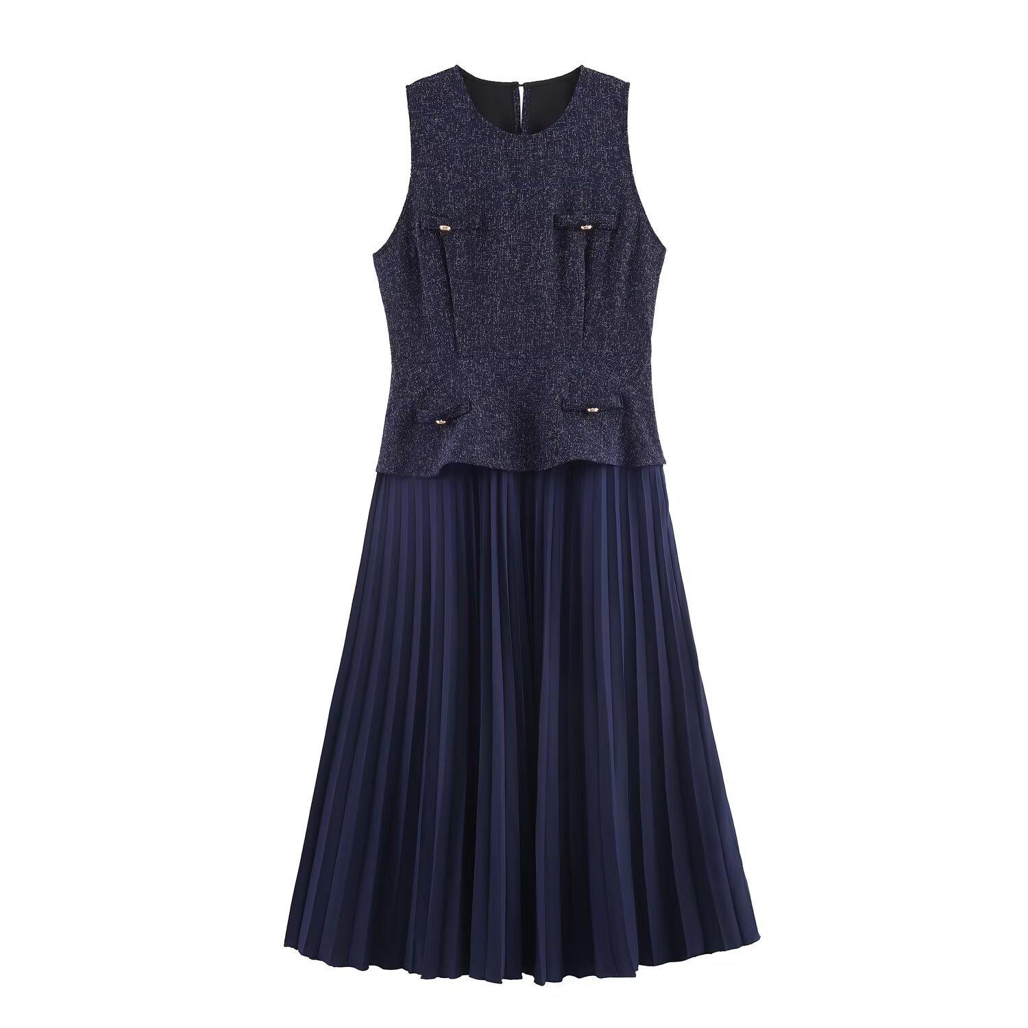 2026 Plus Size ZA Women s Loose Sleeveless Patchwork Pleated Dress 1XL