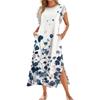 Ladies' Fashionable Summer Casual Pleated Sleeves, Loose Retro Floral Print, Short Sleeves, Round Tie, Pocket Beach Dress