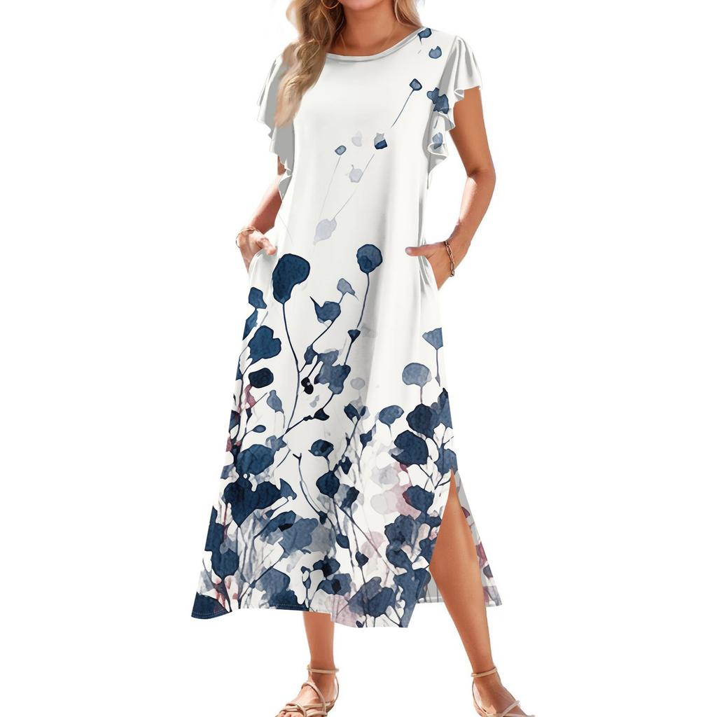 Ladies' Fashionable Summer Casual Pleated Sleeves, Loose Retro Floral Print, Short Sleeves, Round Tie, Pocket Beach Dress