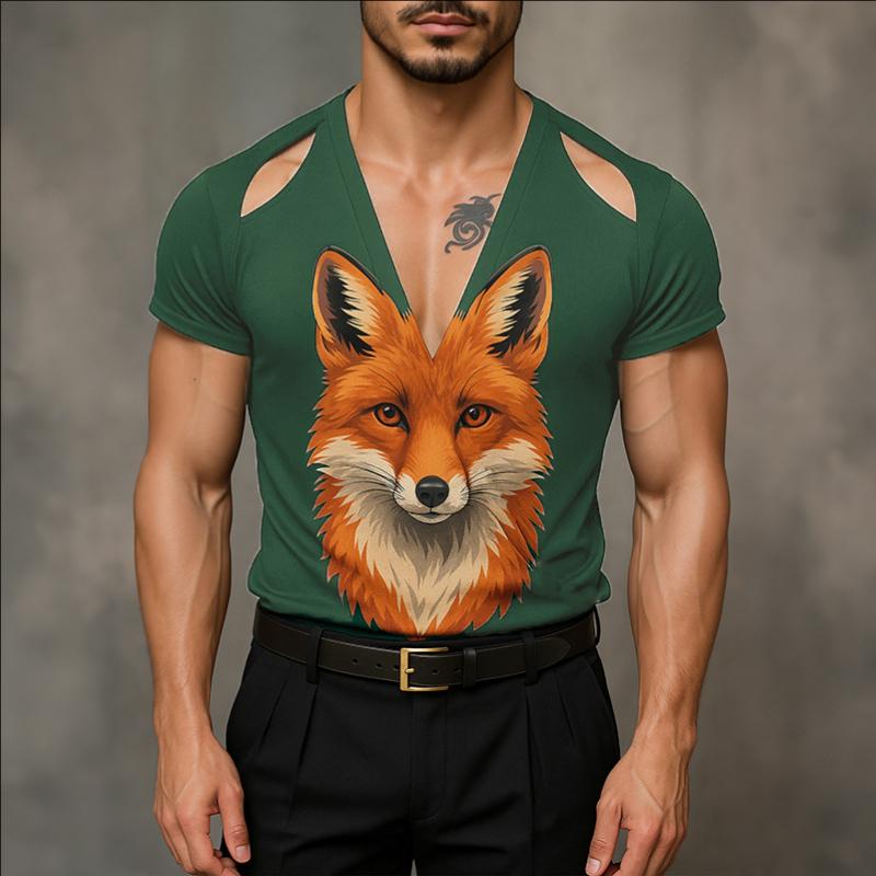 INCERUN Men Cutout V Neck Short Sleeves 3D Print Casual Fitted T-shirts Tops