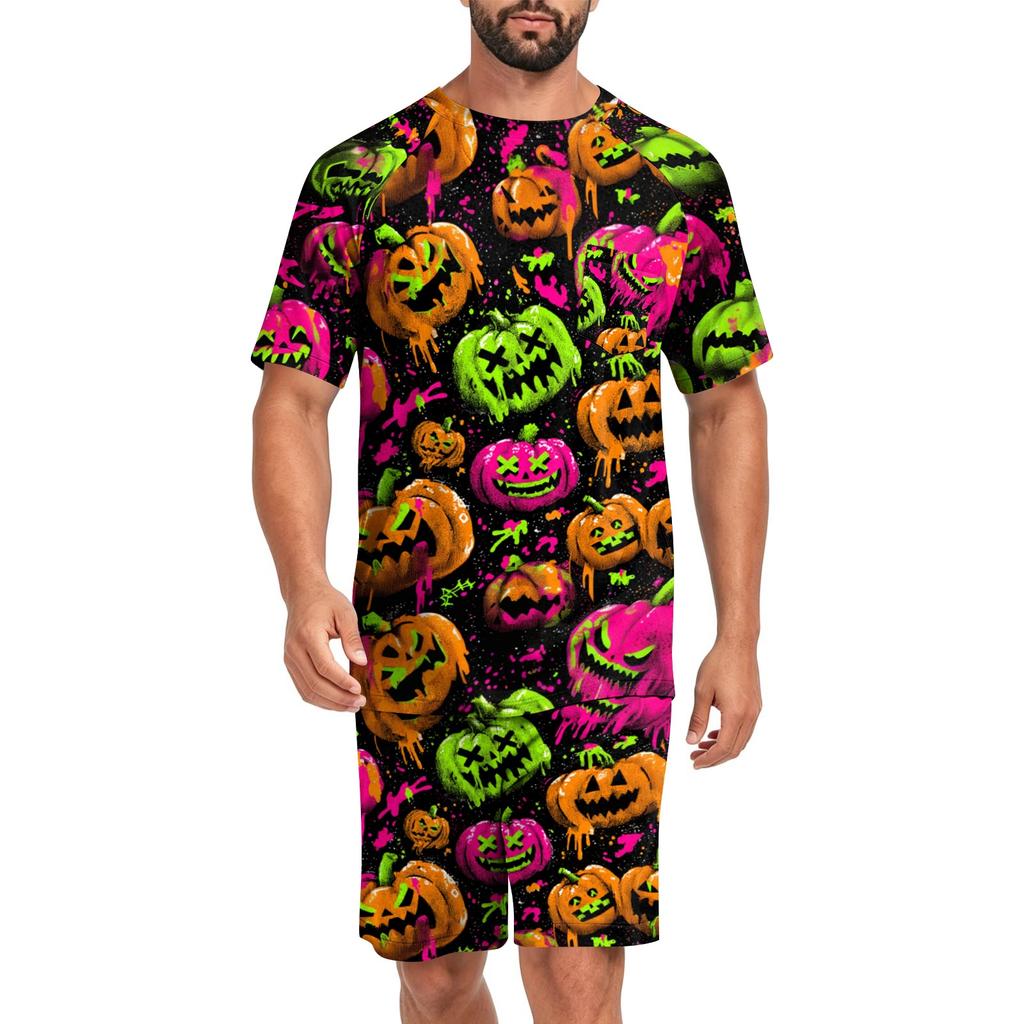 Men's Halloween Casual Pajama Set Short Sleeve Top and Shorts Comfortable Lightweight Sleepwear for Home Relaxation