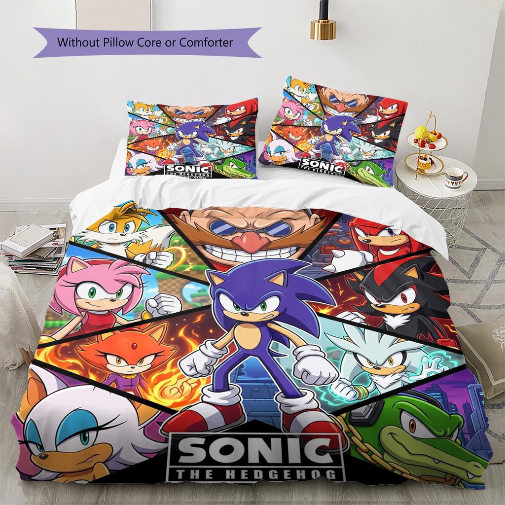 Sonic Hedgehog Pattern Bedding Quilt Set Quilt Cover Pillowcase Home Birthday Gift(1 * Duvet Cover + 2 * Pillowcase, Without Core)