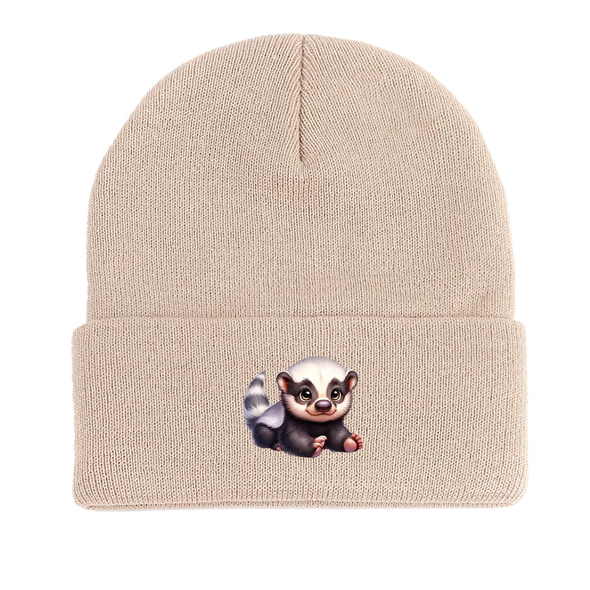 

White Head Badger Print Knitted Cap Beanie, Animal Skull Cap Cuff Fit Stylish Bobble Hat Knit Hat Beanie as the picture бежевый