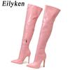 Mode Eilyken Sexy Schlangenleder Spitzschuh Damen Overknee Stiefel Mode Reißverschluss Winter Oberschenkelhohe Stiefel Stripper Schuhe