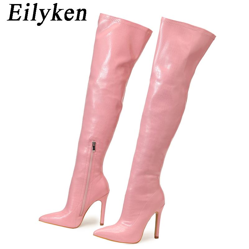Mode Eilyken Sexy Schlangenleder Spitzschuh Damen Overknee Stiefel Mode Reißverschluss Winter Oberschenkelhohe Stiefel Stripper Schuhe