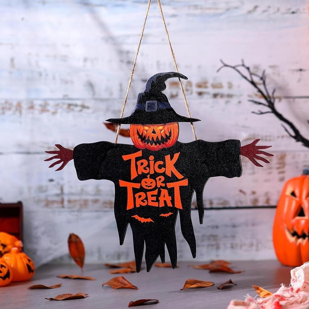 2D Halloween Trick-or-Treat Wooden Sign Monster Face Pumpkin Design Rope Hanger Porch Wall or Halloween Garden Party Decora