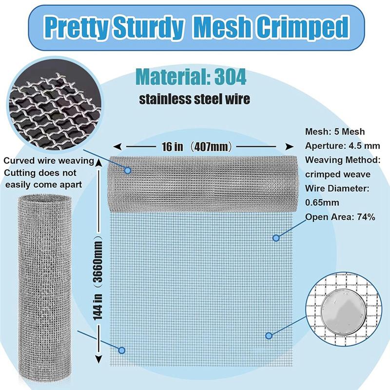 A74E-Stainless Steel Wire Mesh 16" X 12FT-1/4 Inch Heavy Duty Metal Screen For Crafting, Ventilation& Outdoor Applications Solut