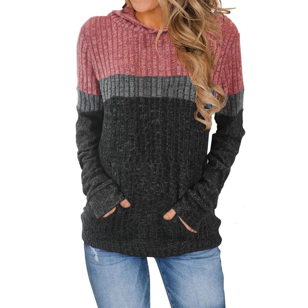 Women's Fashionable Casual Color Blocked Hooded Pocket Loose Long Sleeved Pullover Top