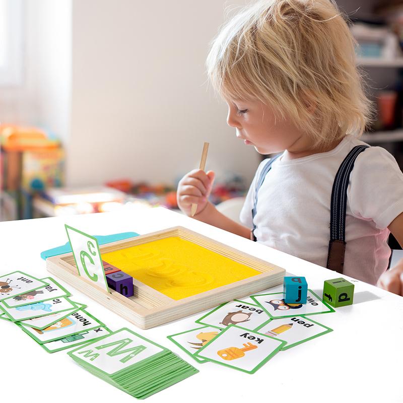 Frühes Lernen Alphabet Spurenspiel Kinder Pädagogisch Sand Schreiben und Zeichnen Brett Spielzeug Montessori Rechtschreibung Wort Holzspielzeug