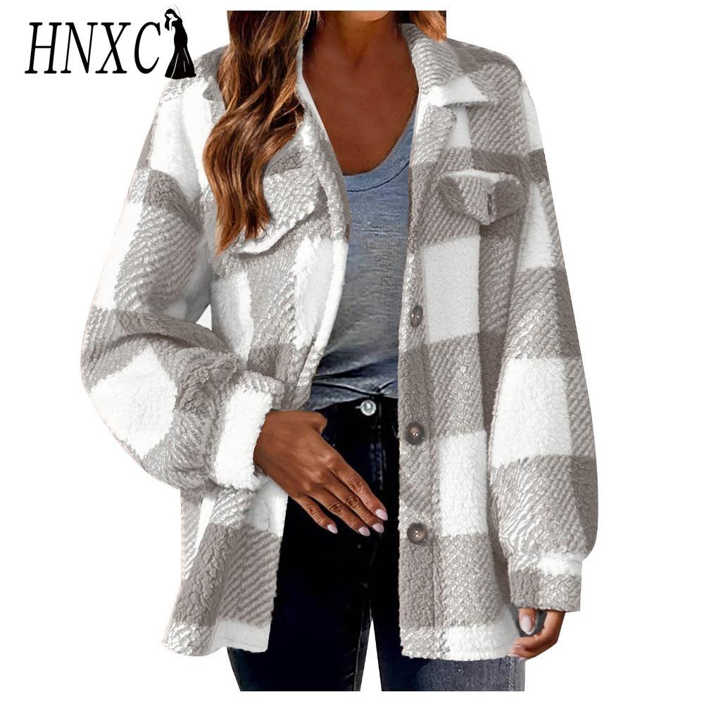 HNXC Damen Vintage Lässig Karomuster Herbst Winter Langarm POLO Kragen Jacken & Mäntel