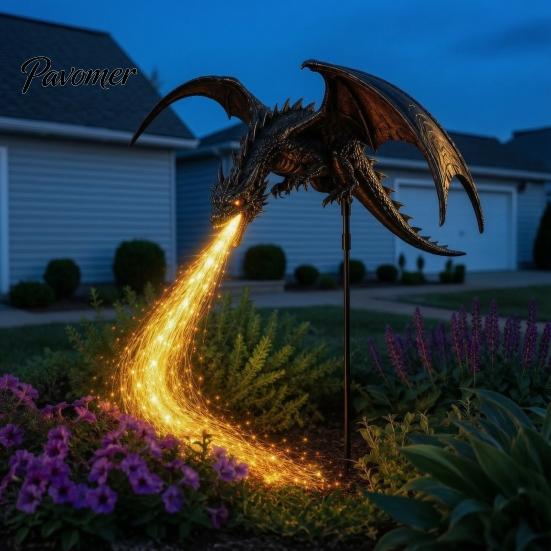 Collectable Fantasy Sculpture Solar Fire-Breathing Dragon Light, Garden Stake Light Outdoor Statue, Waterproof Pathway for Yard Patio Lawn Medieval