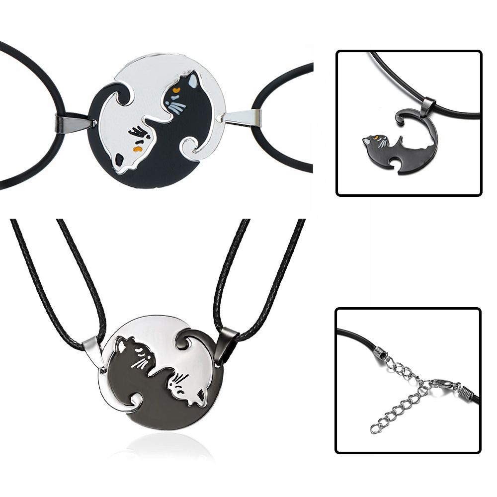 

2 pairs Cute Valentine s Day Embrace Round Necklace Pendant Couple Black White Cat