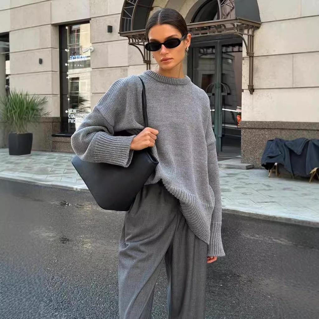 Langermede gensere for kvinner i overdimensjonert fall, rund hals Ribbestrikket Uformell myk genser genseroverdeler for kvinner Loose Fit Solid strikket genser