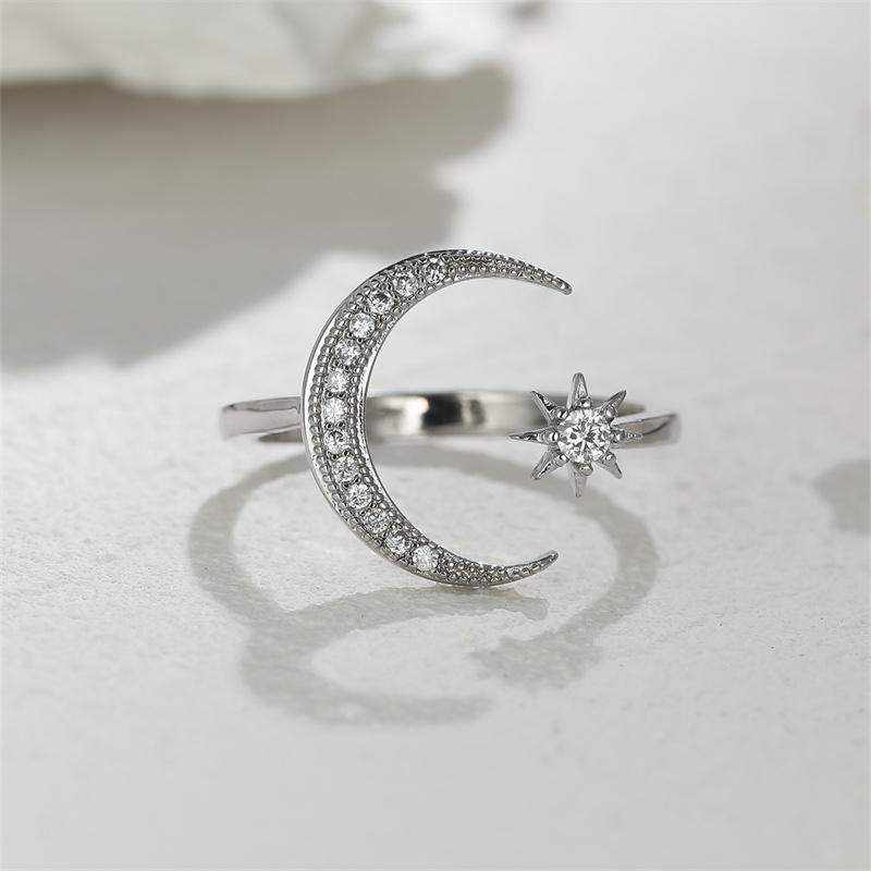 Boho Minimalist Blue Stone Female Stacking Star Moon Rings For Women Gold Color White Crystal Opening Ring Wedding Bands Gifts