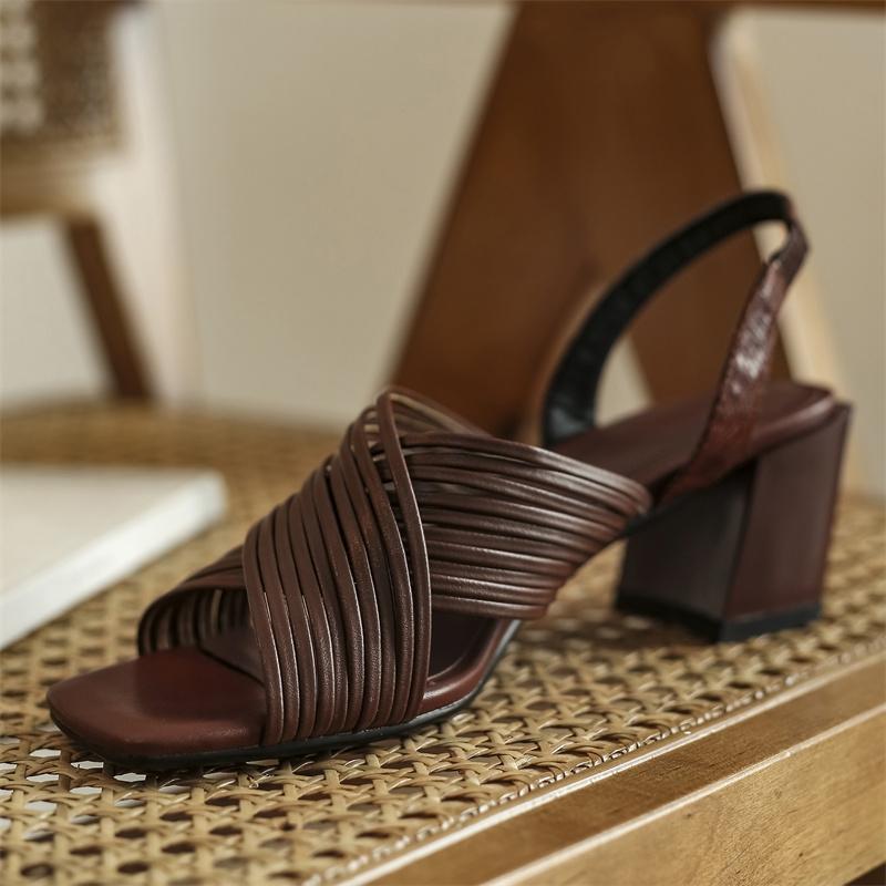 Letní dámské boty Pravá kůže Sandály na vysokém podpatku pro ženy Ležérní Jednobarevné Retro Gladiátorky Dámské podpatky