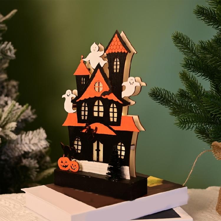 Halloween Party Wood Sign LED Lighted Ghostly Haunted Houses Decors Pumpkin Ornament with Realistic Detail Table Decors