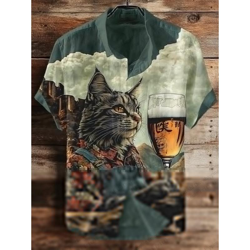 Modisches Herren Sommer Hawaiianhemd Vintage Kalligraphie Katze Dinosaurier 3D Druckhemd Kurzarm Lässige Strandhemden