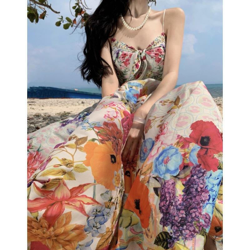 New Product, Romantic Texture, Colorful Broken Flowers, Suspenders, High-waisted Vacation Dress, Sanya Sand